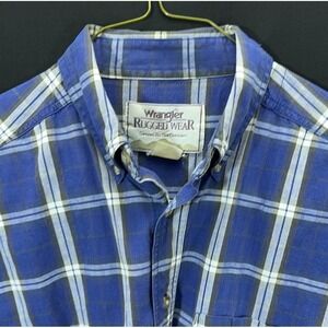WRANGLER Rugged Wear Vintage Men's Blue Check Plaid Tartan Work Button Shirt L